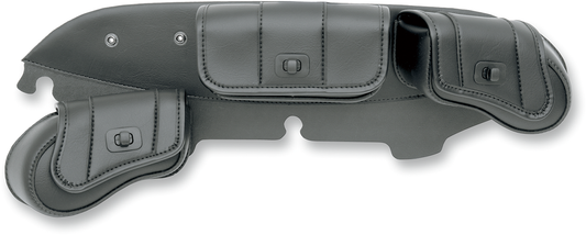 Bill's Exhausts Saddlemen Windshield Bag mounted on FLH motorcycle seat, showing durable black leather with storage compartments.