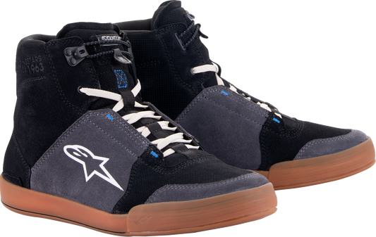 Alpinestars Chrome Shoes in black, asphalt, and gum blue with US size 14, featuring stylish design and durable construction.