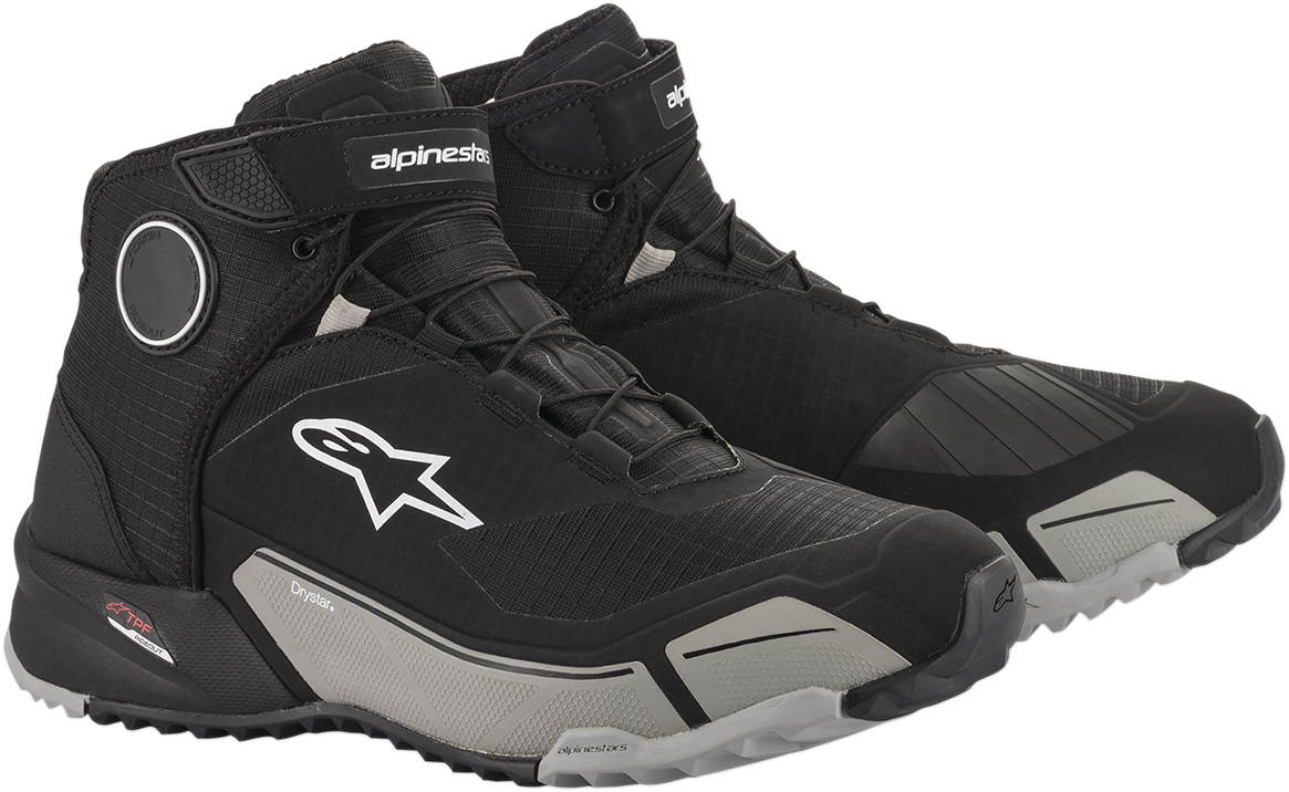 Alpinestars CR-X Drystar® shoes in black and cool gray, US 11, featuring durable motorcycle shoe design and protective features.