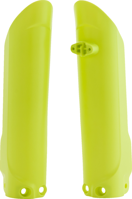 Yellow ACERBIS lower fork cover for motorcycle suspension, designed for durability and protection.