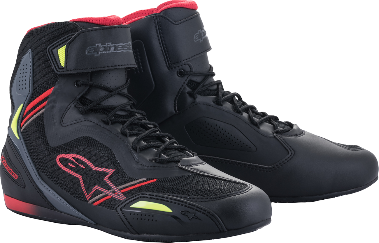 Alpinestars Faster-3 Rideknit® shoes in black, red, and yellow with US 11.5 size, featuring a sleek athletic design.