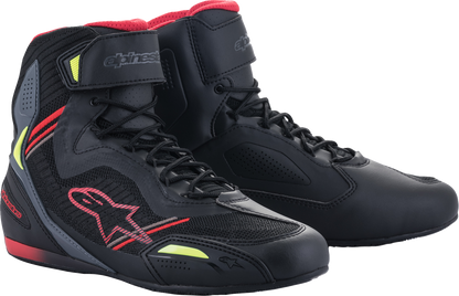 Alpinestars Faster-3 Rideknit® shoes in black, red, and yellow with US 11.5 size, featuring a sleek athletic design.