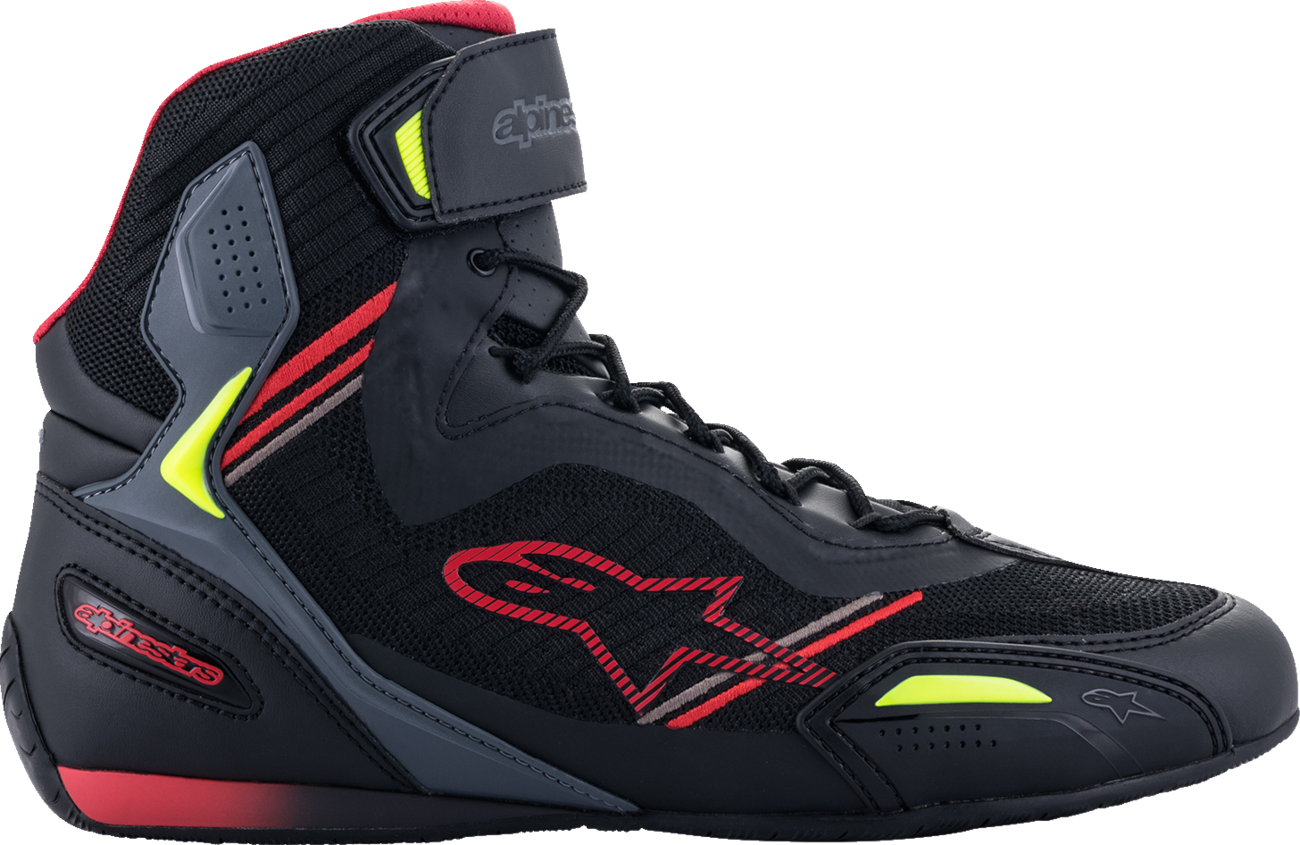 Alpinestars Faster-3 Rideknit shoes in black, red, and yellow with US 11.5 size, featuring a sleek sporty design.