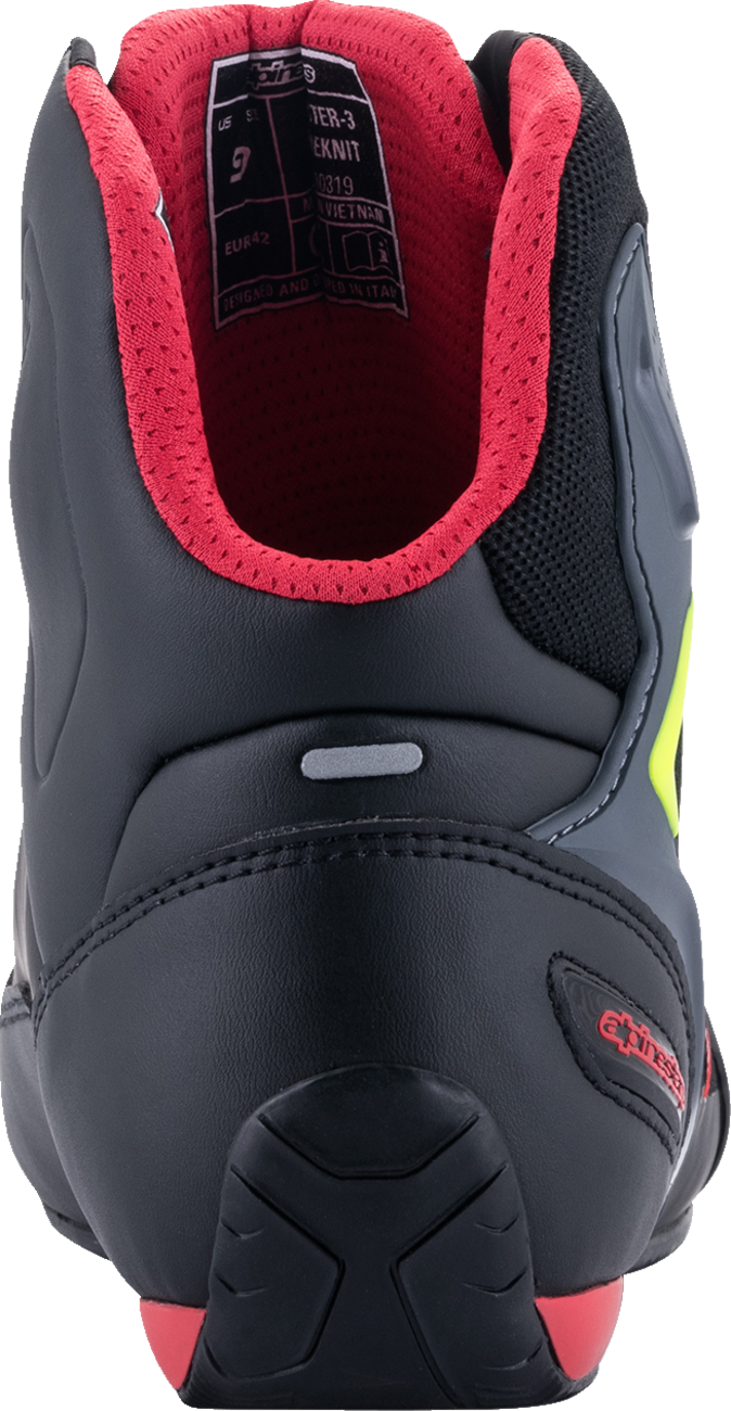 Alpinestars Faster-3 Rideknit shoes in black, red, and yellow with US size 11.5, designed for riding and streetwear.