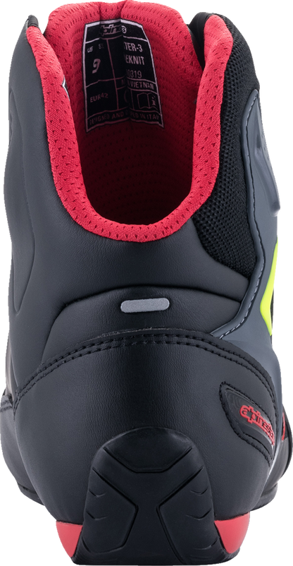 Alpinestars Faster-3 Rideknit shoes in black, red, and yellow with US size 11.5, designed for riding and streetwear.