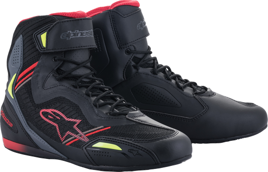 Alpinestars Faster-3 Rideknit shoes in black, red, and yellow for US size 7, featuring lightweight riding footwear design.