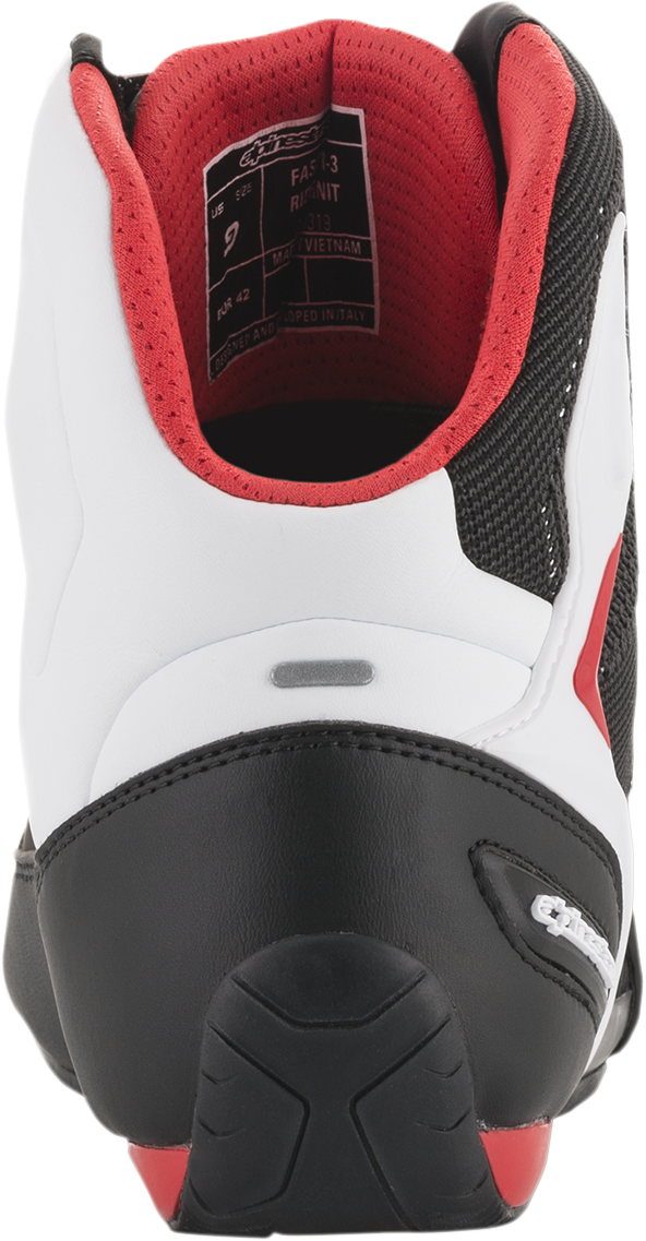 Alpinestars Faster-3 Rideknit® shoes in black, white, and red, US 11.5, featuring sporty design and Rideknit® upper for riding comfort.