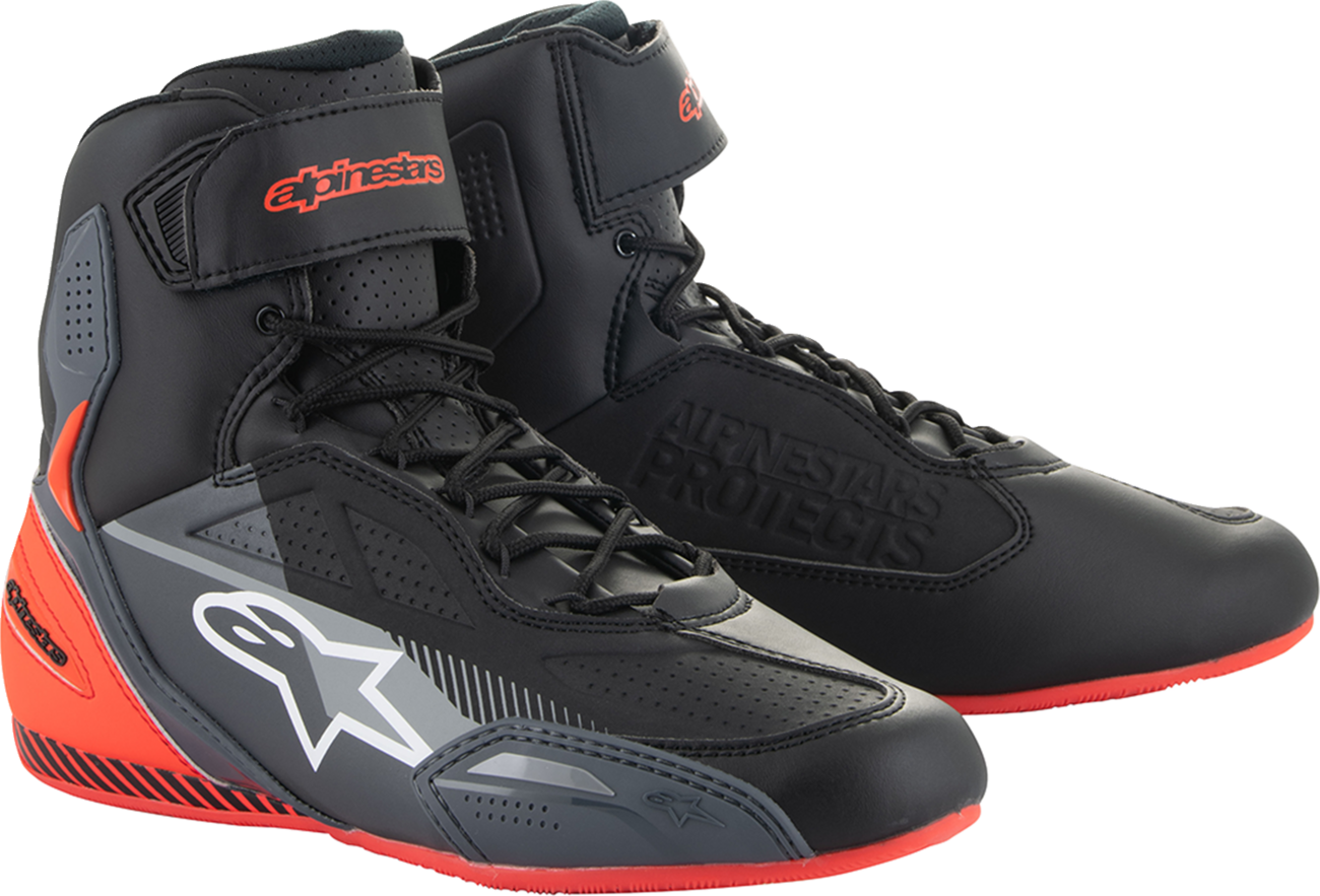 Alpinestars Faster-3 racing shoes in black, gray, and red with US size 10, featuring sporty design and durable construction.