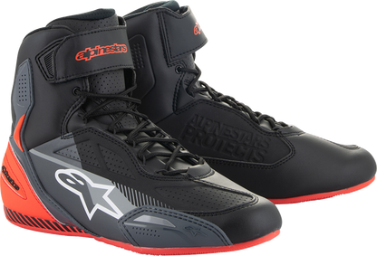 Alpinestars Faster-3 racing shoes in black, gray, and red with US size 10, featuring sporty design and durable construction.
