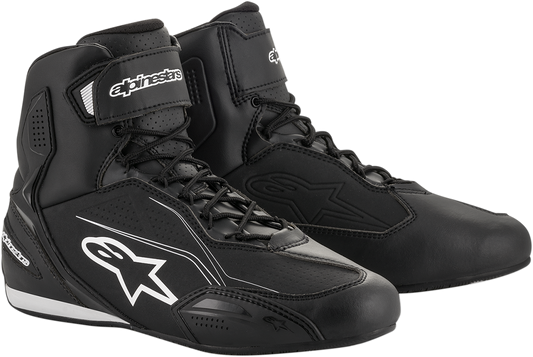Alpinestars Faster-3 shoes in black and white, US size 10.5, featuring sporty design and durable construction.