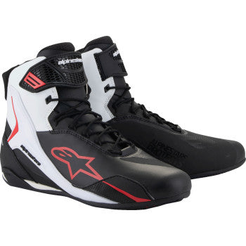 Alpinestars Faster-4 racing shoes in black, white, and red with US 11.5 size, featuring sporty design and racing-inspired details.