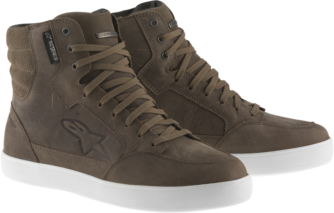 Alpinestars J-6 waterproof shoes in brown, US size 8, showing the durable exterior and waterproof design for outdoor activities.