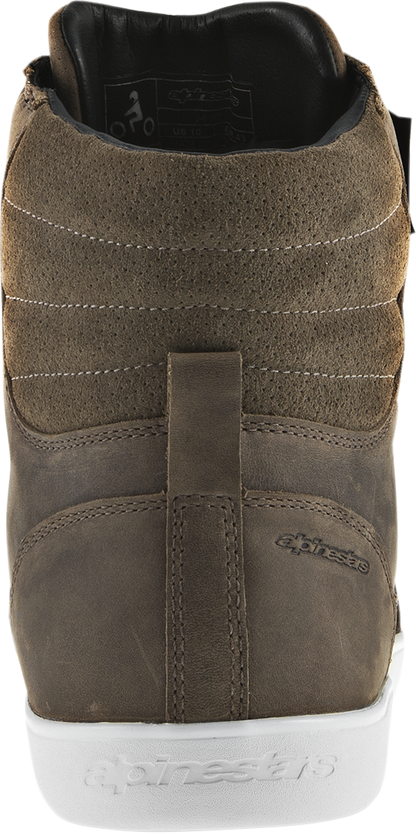 Alpinestars J-6 waterproof shoes in brown with US size 8, featuring durable design and slip-resistant soles.