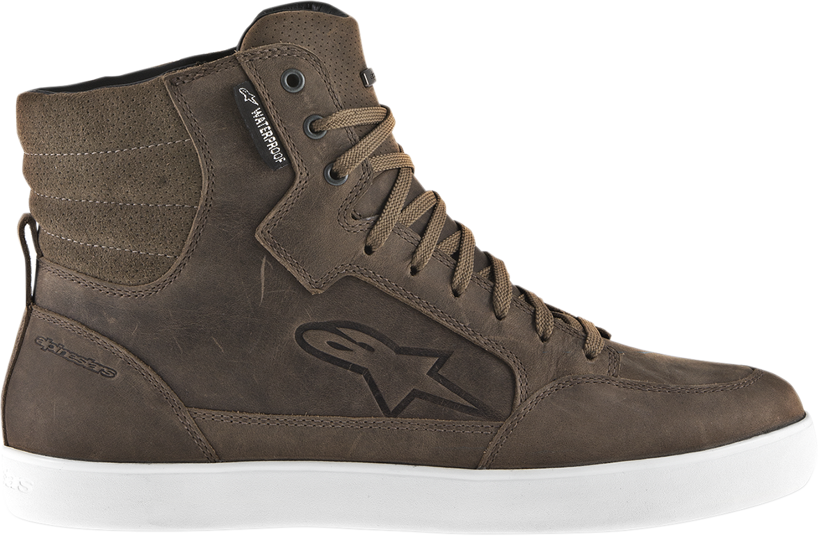 Alpinestars J-6 Waterproof Shoes in brown, US 8, showing sturdy design and waterproof material for motorcycle or casual wear.