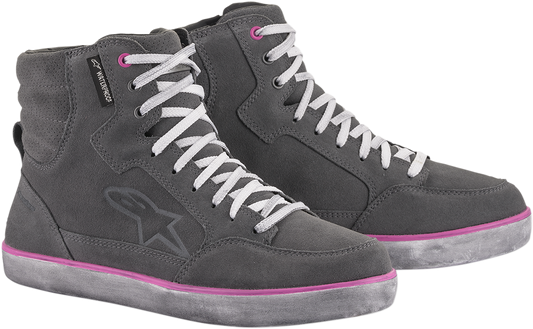 Alpinestars J-6 Waterproof Women's Shoes in gray and pink, US size 7, with waterproof material and sporty design.