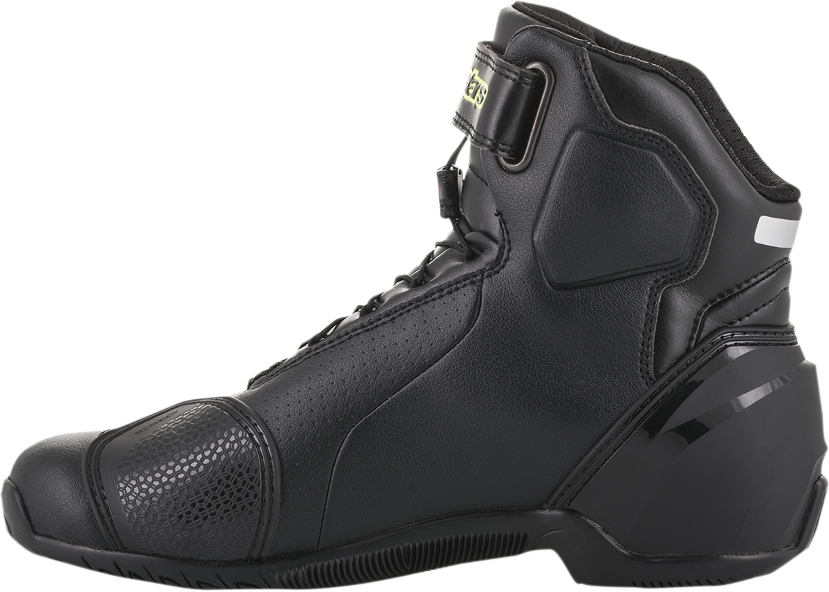 Alpinestars SP-1 V2 riding shoes in black, silver, and yellow with protective design, US 6.5 / EU 40, on a plain background.