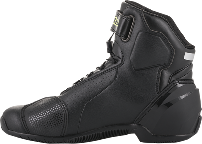 Alpinestars SP-1 V2 riding shoes in black, silver, and yellow with protective design, US 6.5 / EU 40, on a plain background.