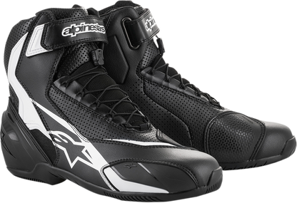 Alpinestars SP-1 v2 vented shoes in black and white, US 8, EU 42, with protective design and sporty appearance.