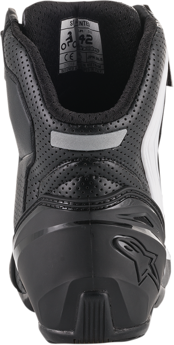Alpinestars SP-1 v2 vented racing shoes in black and white, US size 8, EU size 42, with breathable design and sporty style.