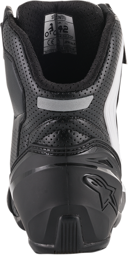 Alpinestars SP-1 v2 vented racing shoes in black and white, US size 8, EU size 42, with breathable design and sporty style.
