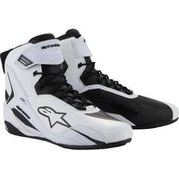 Alpinestars Stella Faster-4 white and black riding shoes for women, US size 9, with sturdy design and brand logo detail.
