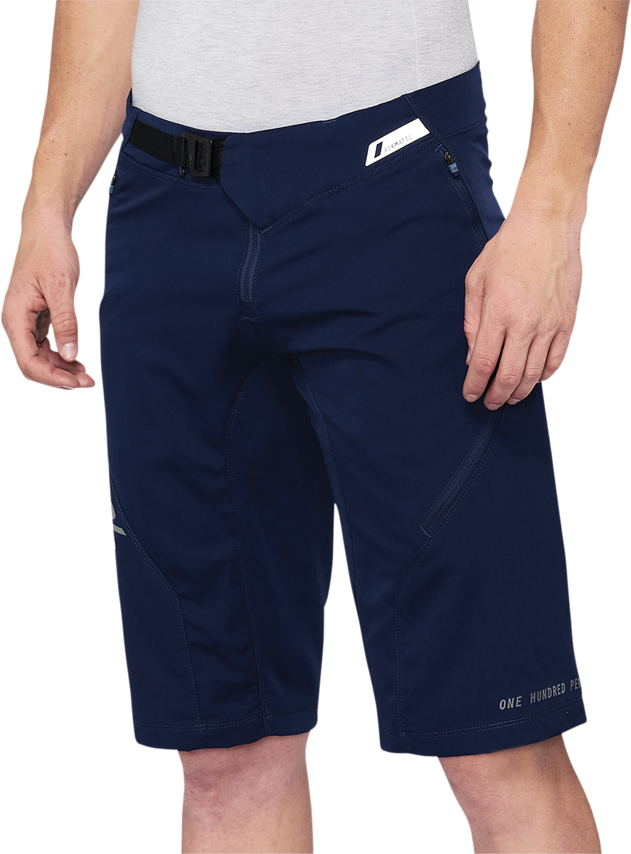 Bill's Exhausts navy 100% Airmatic shorts in US size 38, made from lightweight fabric with a relaxed fit and casual design.