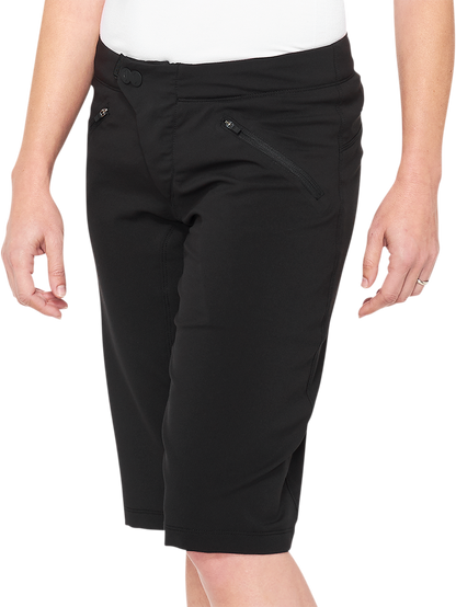 Black women's Ridecamp Shorts by Bill's Exhausts, size large, made from 100% lightweight fabric, shown on a model.
