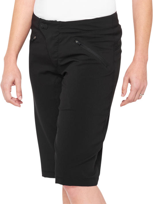 Black women's Ridecamp Shorts by Bill's Exhausts, size large, made from 100% lightweight fabric, shown on a model.