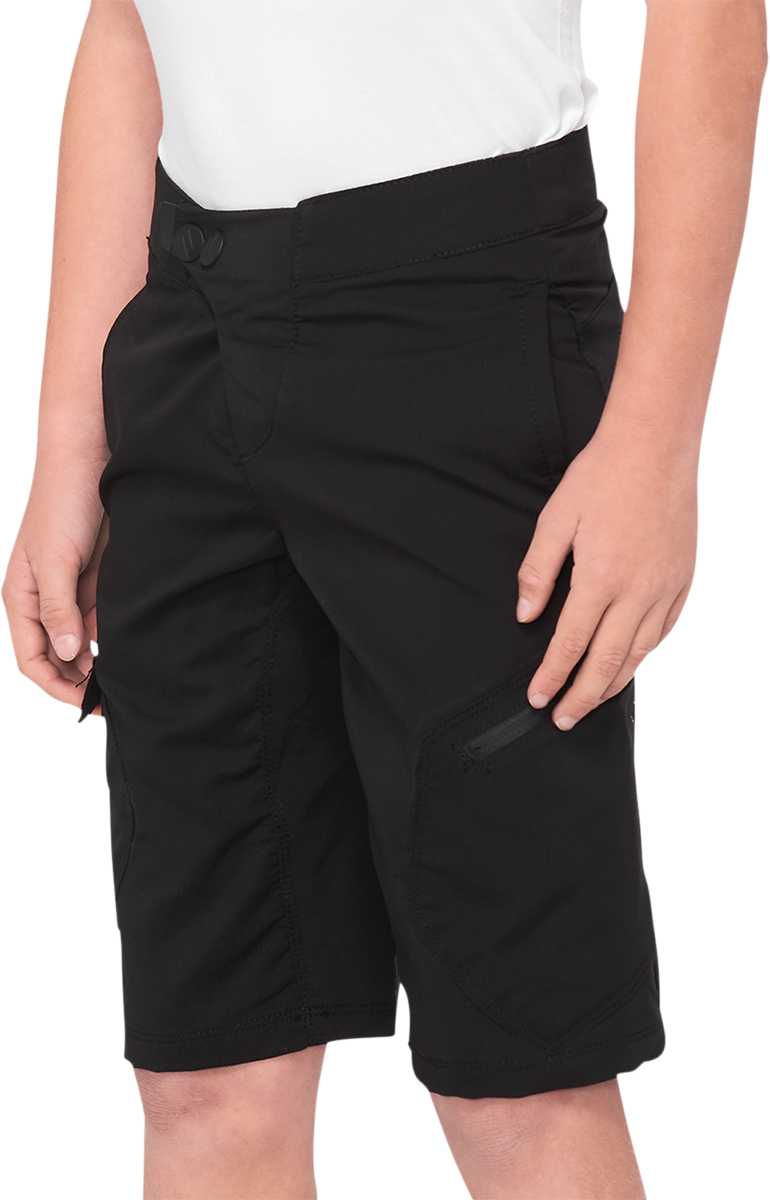 Black Bill's Exhausts Youth Ridecamp Shorts in US size 24, showing the comfortable fit and casual style.