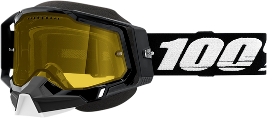 Bill's Exhausts 100% Racecraft 2 Snow Goggles in black with yellow lenses, designed for winter sports and snowboarding.