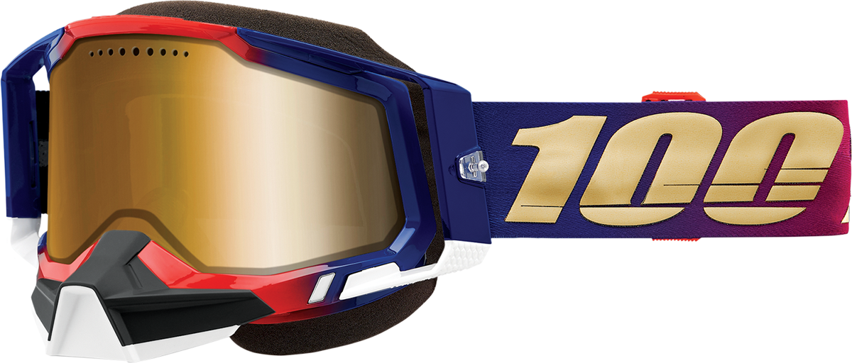 Bill's Exhausts 100% Racecraft 2 Snow Goggles in United True Gold with reflective lens, designed for winter sports and skiing.