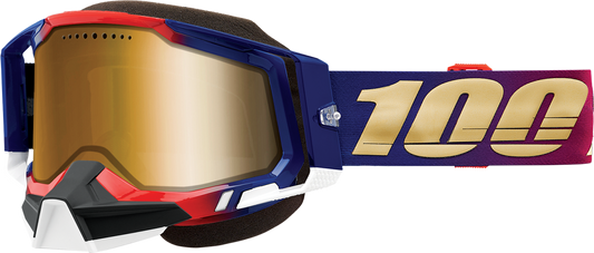 Bill's Exhausts 100% Racecraft 2 Snow Goggles in United True Gold with reflective lens, designed for winter sports and skiing.