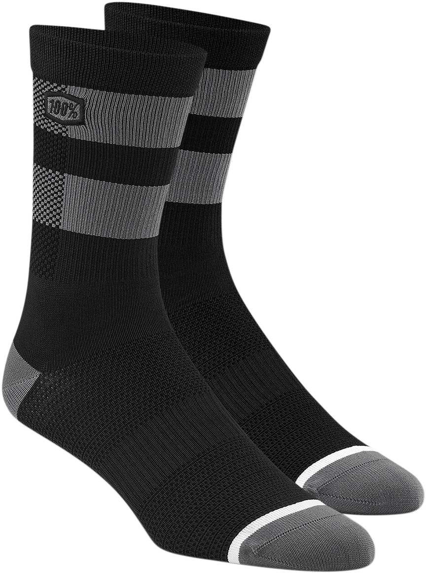 Bill's Exhausts 100% Flow Performance Socks in black and gray, large/XL size, featuring comfortable stretch and sporty design.