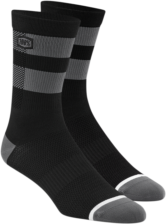Bill's Exhausts 100% Flow Performance Socks in black and gray, large/XL size, featuring comfortable stretch and sporty design.