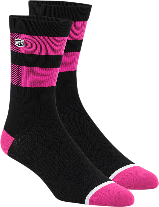 Bill's Exhausts 100% Flow Socks in black and fluorescent pink, large/XL size, with the brand logo visible on the fabric.