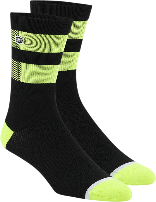 Bill's Exhausts 100% Flow Socks in black and fluorescent yellow, large/XL size, featuring a comfortable sock design.
