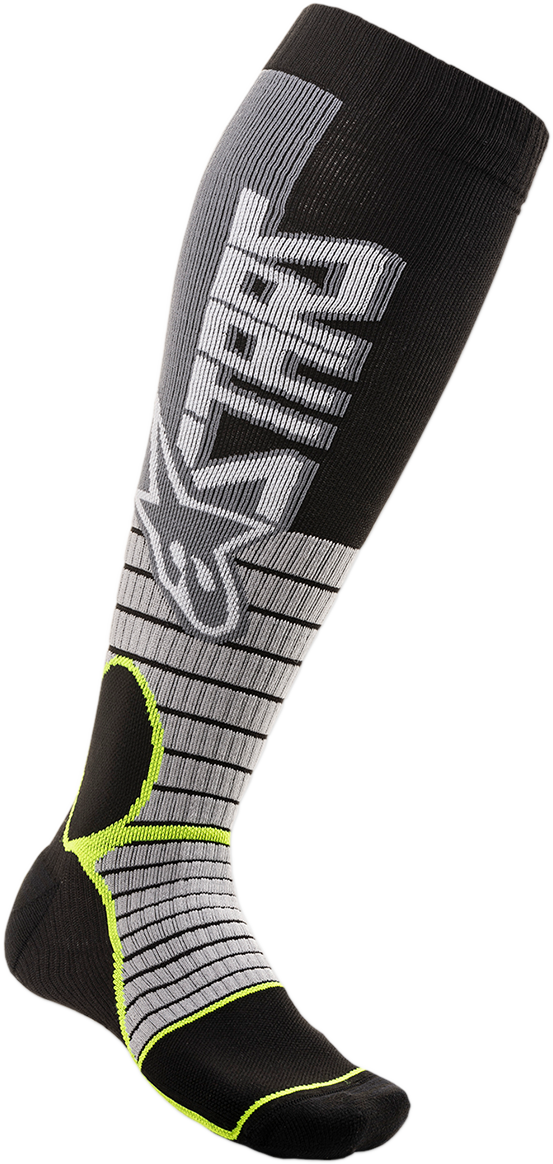 Alpinestars MX Pro Socks in gray and yellow, large size, featuring breathable fabric and reinforced areas for motocross riding.