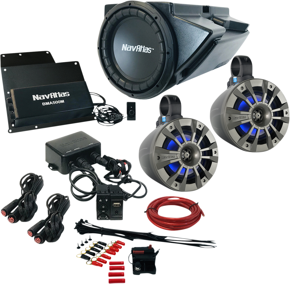 Bill's Exhausts NAVATLAS Audio Kit Zone 3 Turbo RZR2 speakers mounted for off-road vehicle sound system.