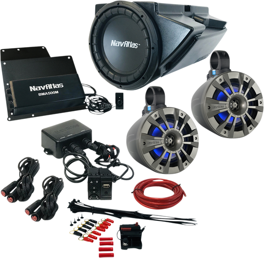 Bill's Exhausts NAVATLAS Audio Kit Zone 3 Turbo RZR2 speakers mounted for off-road vehicle sound system.