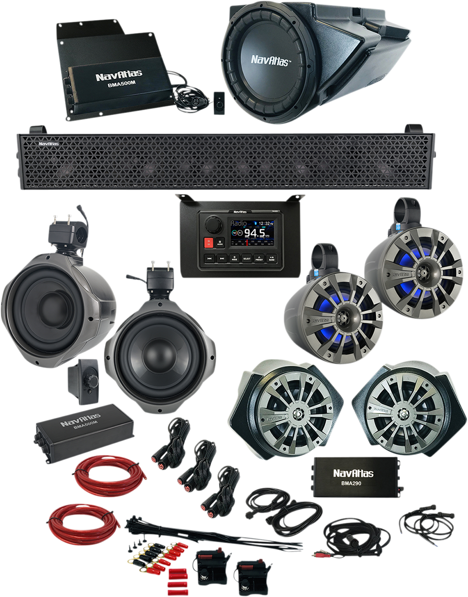 Bill's Exhausts NAVATLAS Audio Kit Zone 6 Turbo S RZR1 speakers showing black speaker grilles and wiring for off-road vehicle audio upgrade
