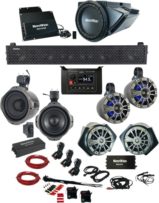 Bill's Exhausts NAVATLAS Audio Kit Zone 6 Turbo S RZR1 speakers showing black speaker grilles and wiring for off-road vehicle audio upgrade
