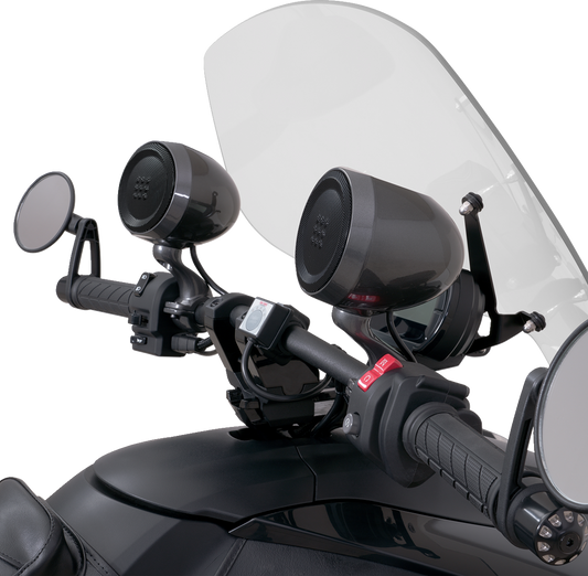 Bill's Exhausts Show Chrome Speakers for Ryker 13-107, featuring stylish chrome finish and rugged design for motorcycle audio systems.