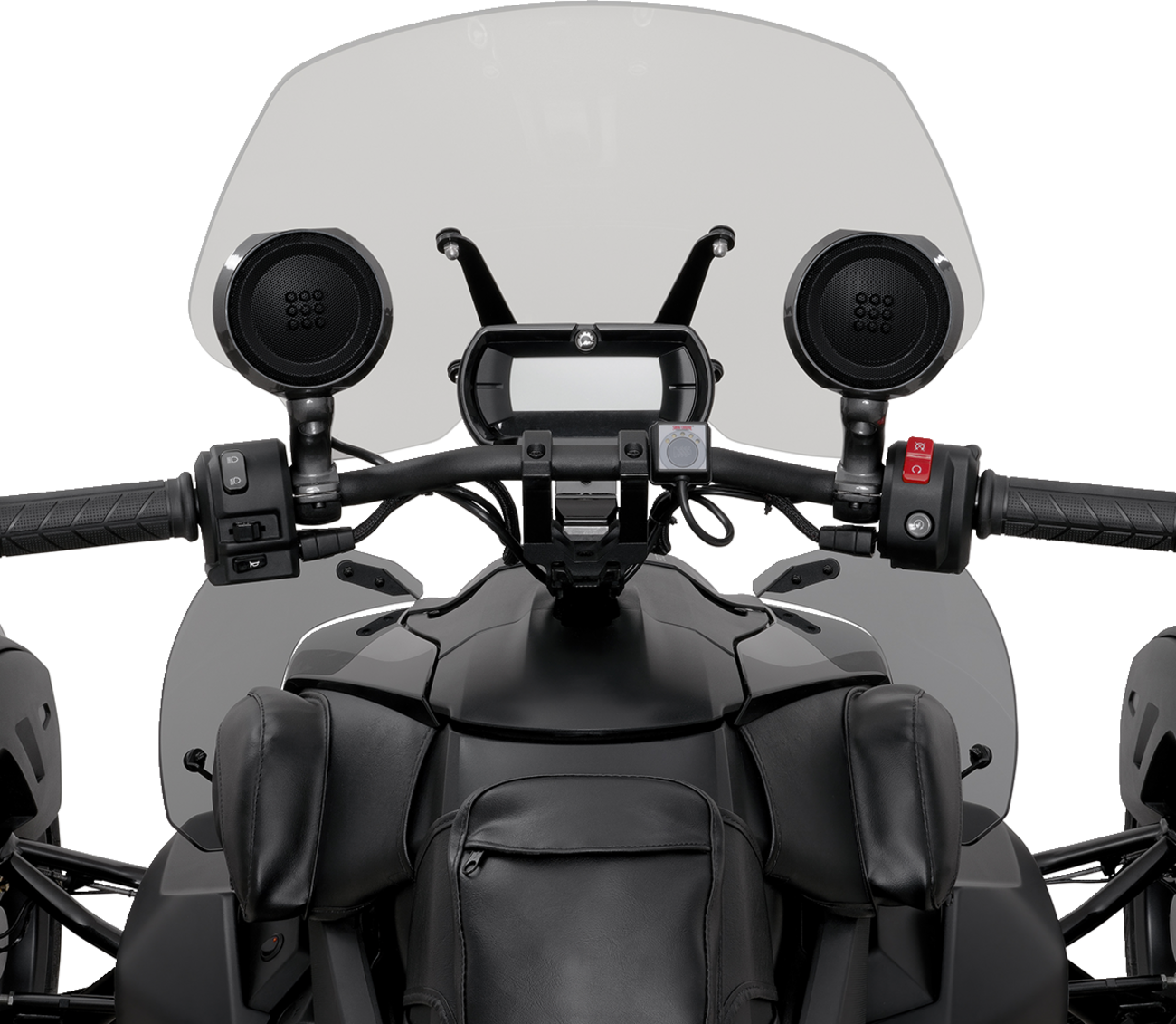Show Chrome speakers for Ryker 13-107, black and chrome motorcycle audio speakers with mounting brackets, by Bill's Exhausts.