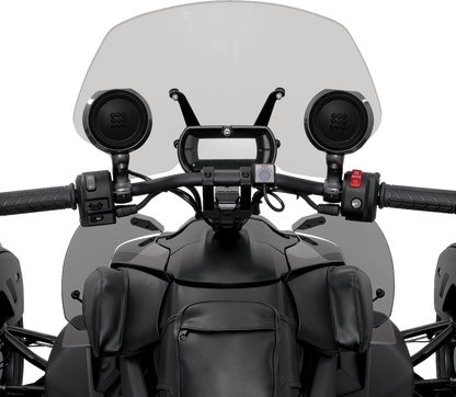 Show Chrome speakers for Ryker 13-107, black and chrome motorcycle audio speakers with mounting brackets, by Bill's Exhausts.