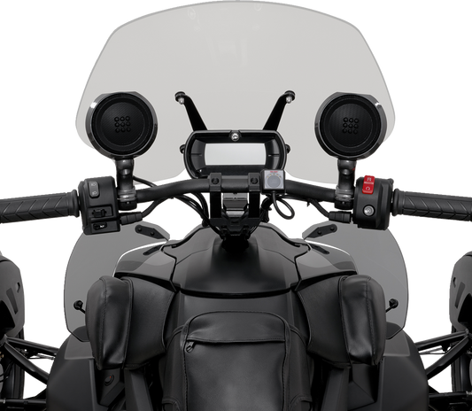 Show Chrome speakers for Ryker 13-107, black and chrome motorcycle audio speakers with mounting brackets, by Bill's Exhausts.