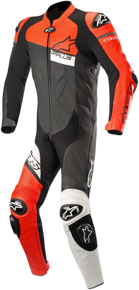 Alpinestars GP Plus Venom 1-piece leather suit in black, red fluorescent, and white with US 44 size, displayed on a mannequin.