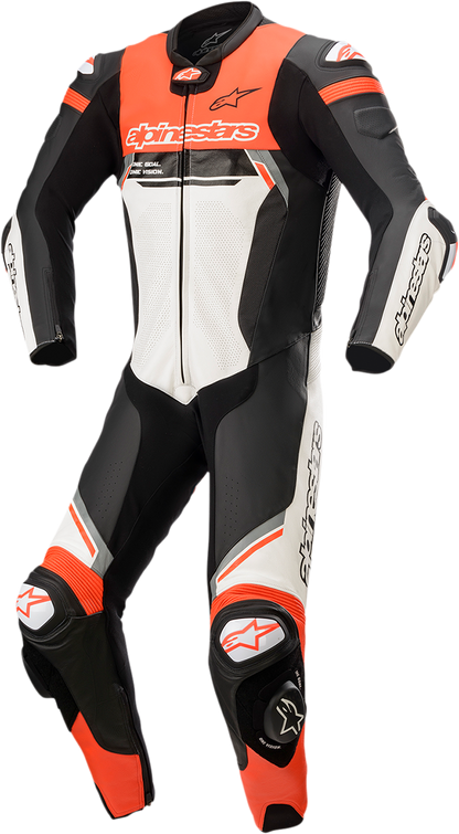 Alpinestars Missile Ignition V2 1-piece leather motorcycle suit in black, white, and red fluorescent with US 36/EU 46 size.
