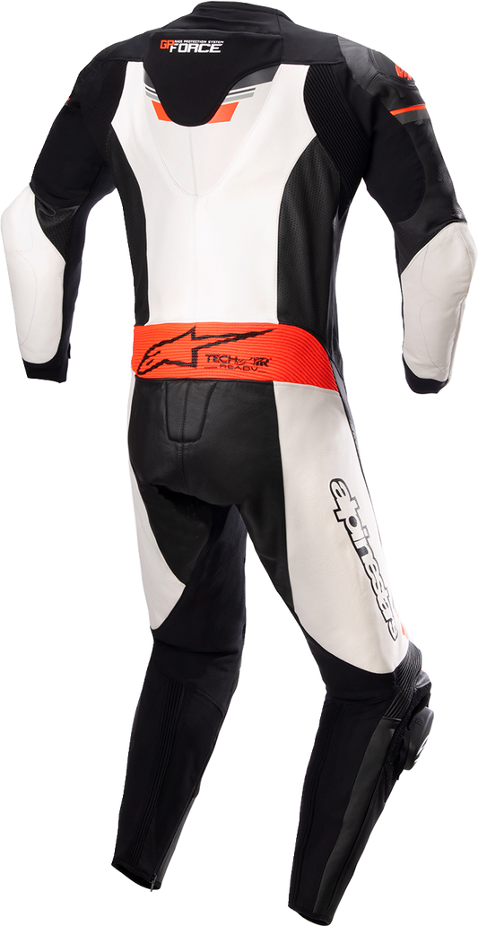 Alpinestars GP Force Chaser 1-piece leather suit in black, white, and red, size US 40 / EU 50, displayed on a plain background.