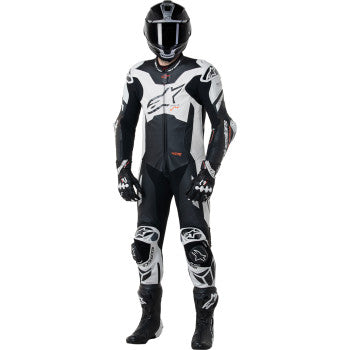 Alpinestars GP Plus V4 Sprint 1-piece leather motorcycle suit in black, red fluo, and white with protective armor details.