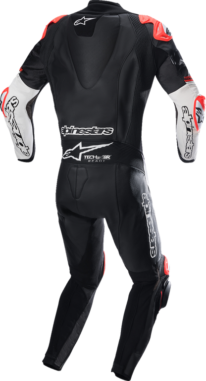 Alpinestars GP Tech Suit V4 in black and white, leather racing suit, US size 42 / EU size 52, designed for motorcycle racing.
